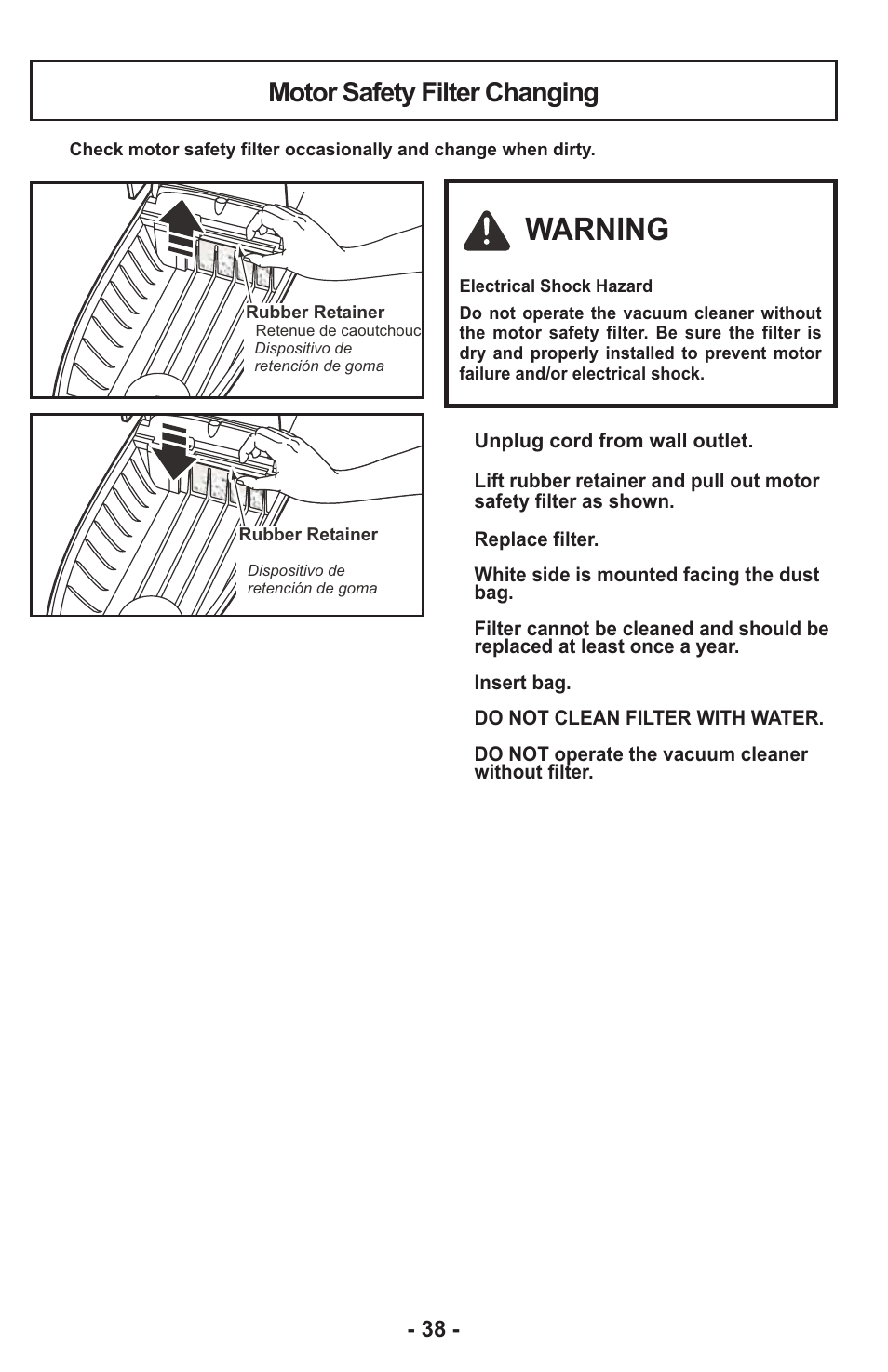 Warning, Motor safety filter changing | Panasonic MC-CG917 User Manual | Page 38 / 64