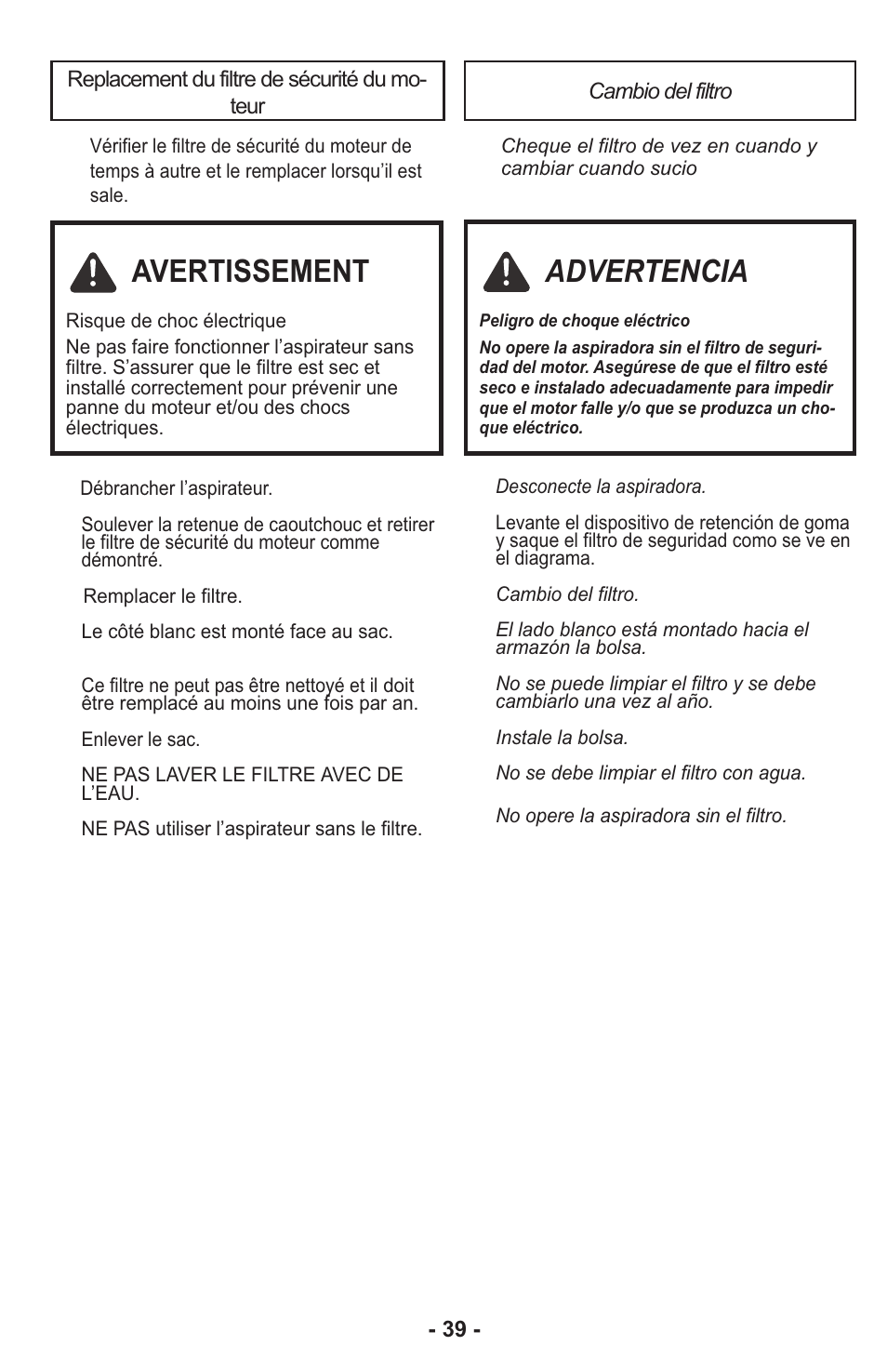 Avertissement, Advertencia | Panasonic MC-CG917 User Manual | Page 39 / 64
