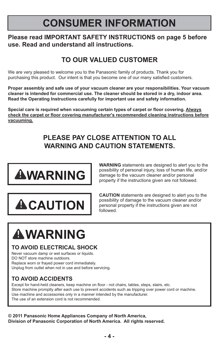 Warning, Caution, Consumer information | Panasonic MC-CG917 User Manual | Page 4 / 64