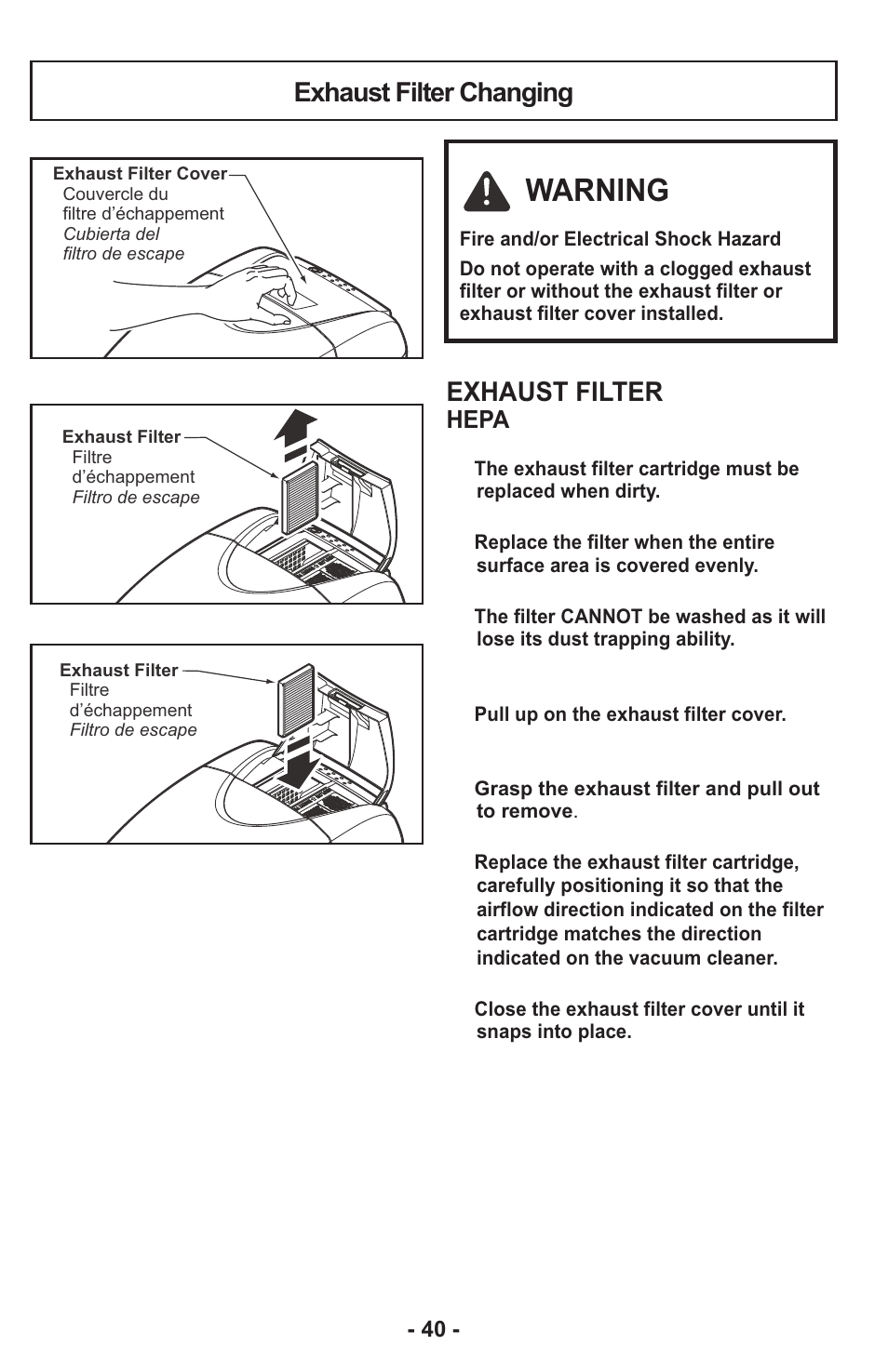 Warning, Exhaust filter changing, Exhaust filter | Hepa | Panasonic MC-CG917 User Manual | Page 40 / 64