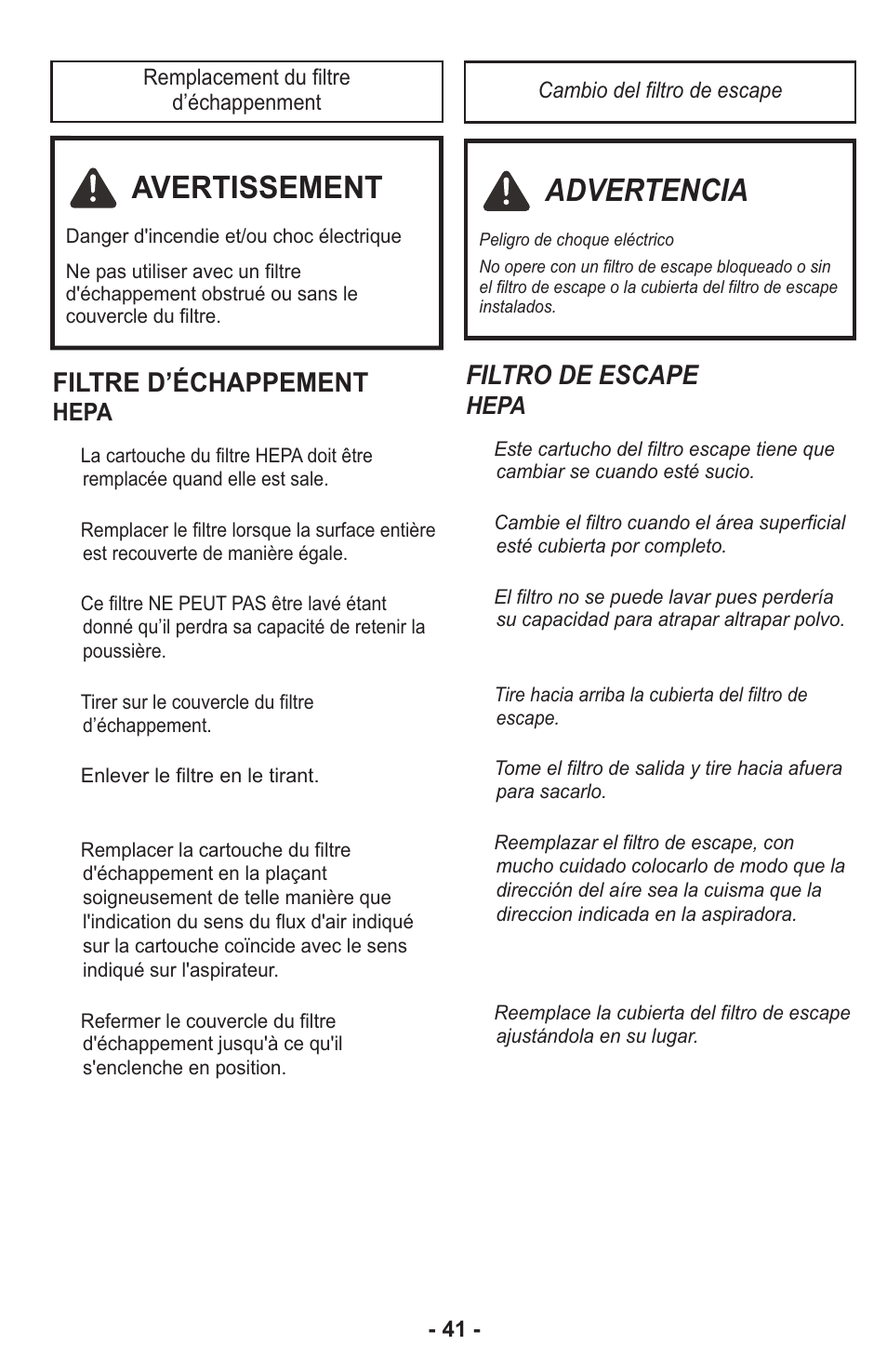 Avertissement, Advertencia, Filtro de escape | Filtre d’échappement, Hepa | Panasonic MC-CG917 User Manual | Page 41 / 64