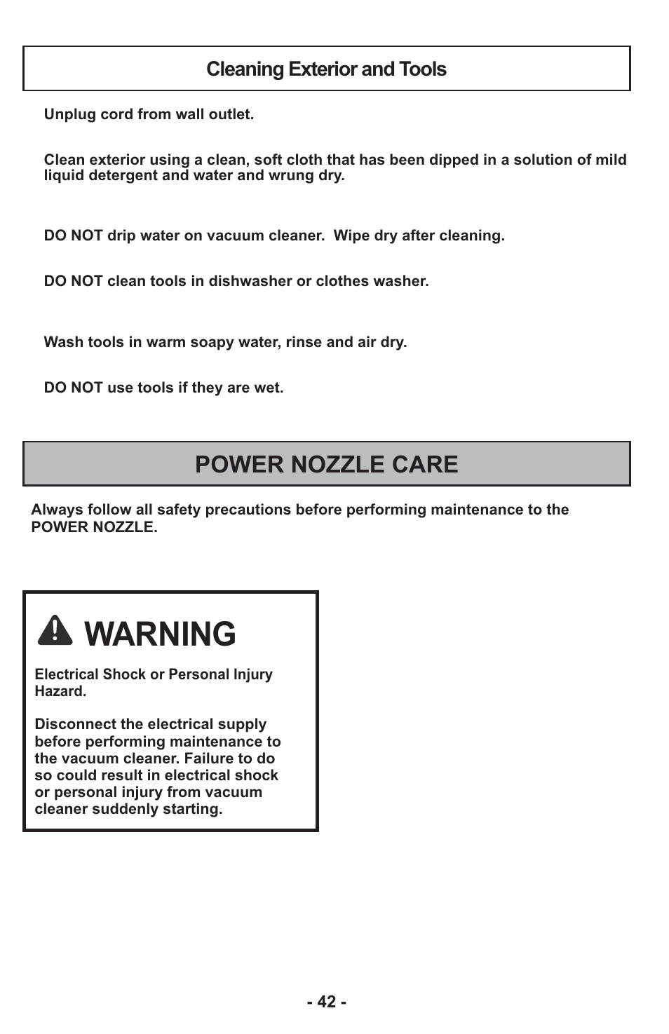 Warning, Power nozzle care, Cleaning exterior and tools | Panasonic MC-CG917 User Manual | Page 42 / 64