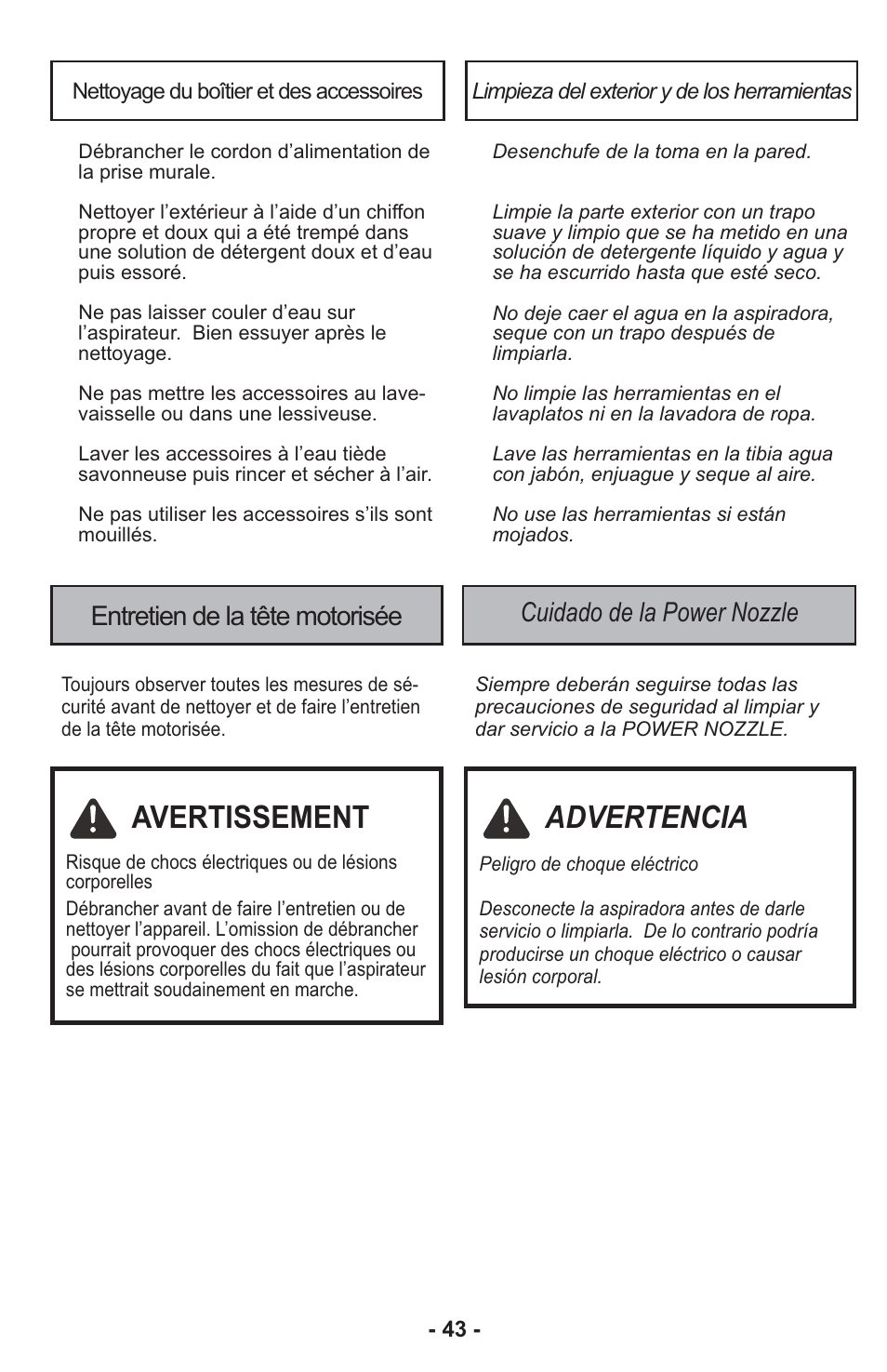 Avertissement, Advertencia | Panasonic MC-CG917 User Manual | Page 43 / 64