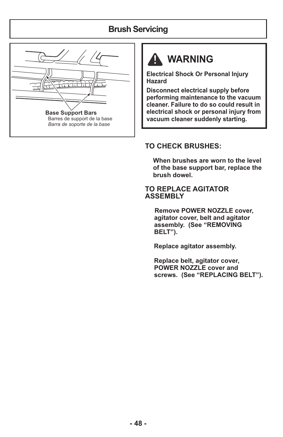 Warning, Brush servicing | Panasonic MC-CG917 User Manual | Page 48 / 64