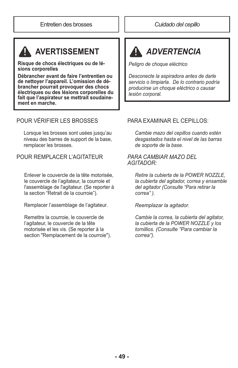 Avertissement, Advertencia | Panasonic MC-CG917 User Manual | Page 49 / 64