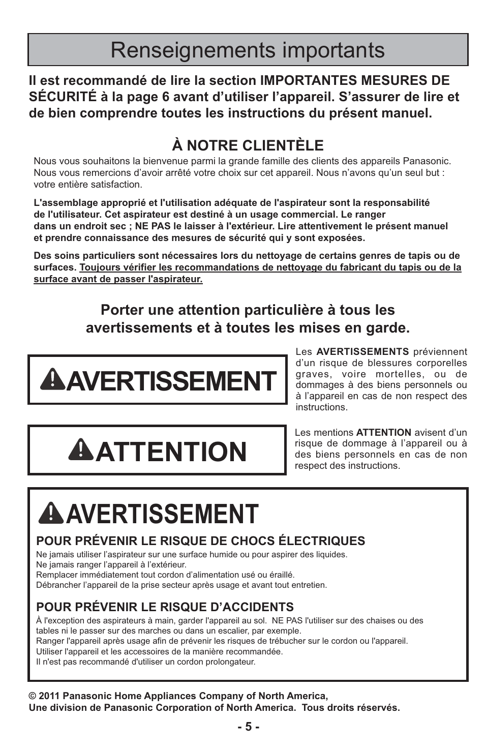 Avertissement, Attention, Renseignements importants | Panasonic MC-CG917 User Manual | Page 5 / 64
