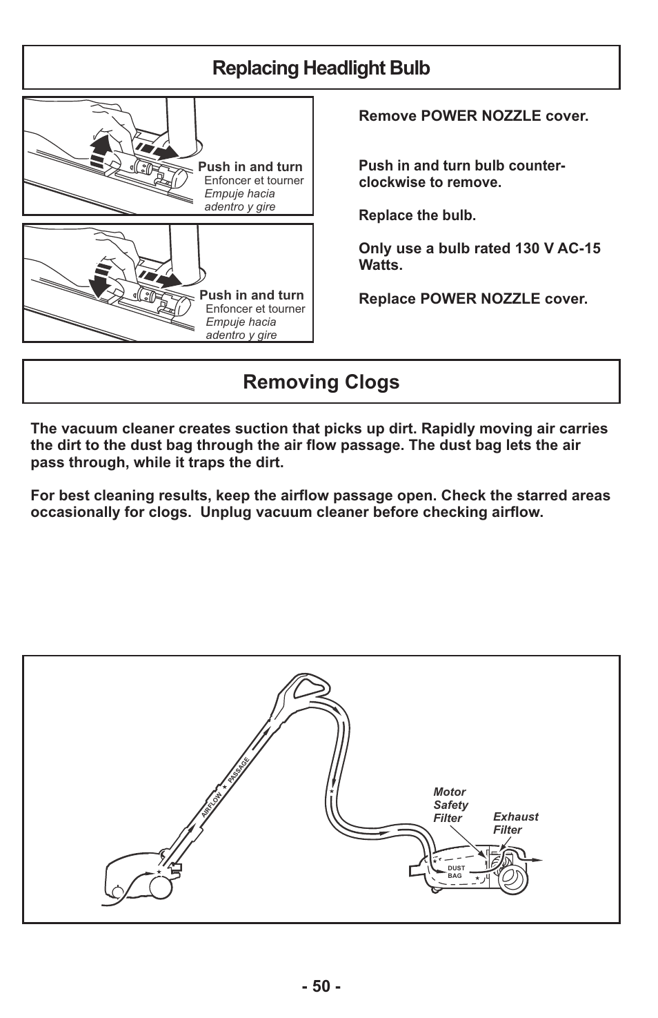 Removing clogs, Replacing headlight bulb | Panasonic MC-CG917 User Manual | Page 50 / 64