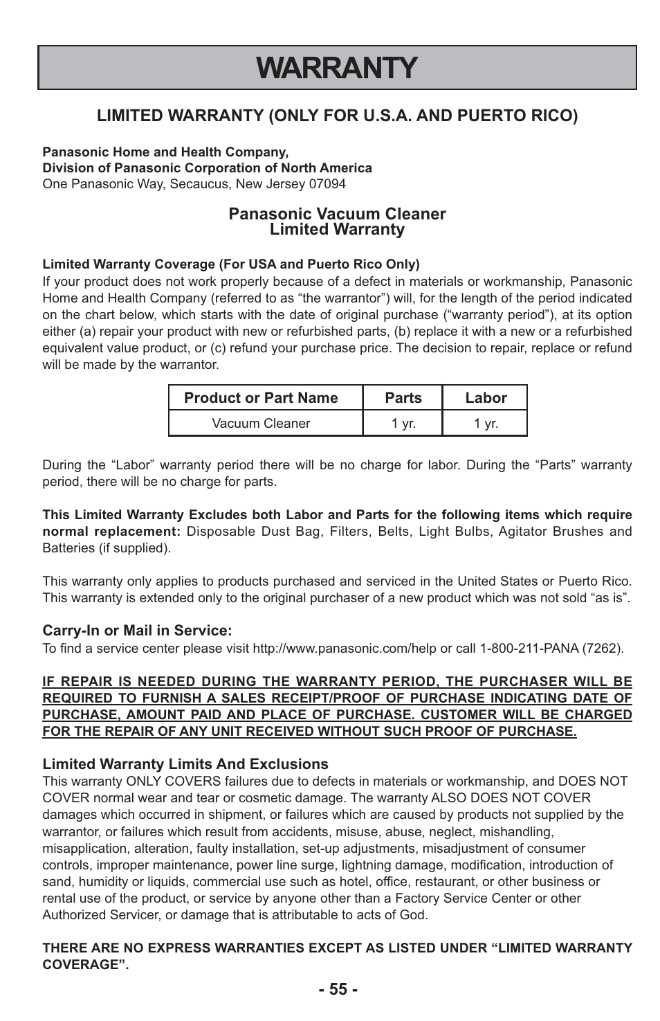 Warranty | Panasonic MC-CG917 User Manual | Page 55 / 64