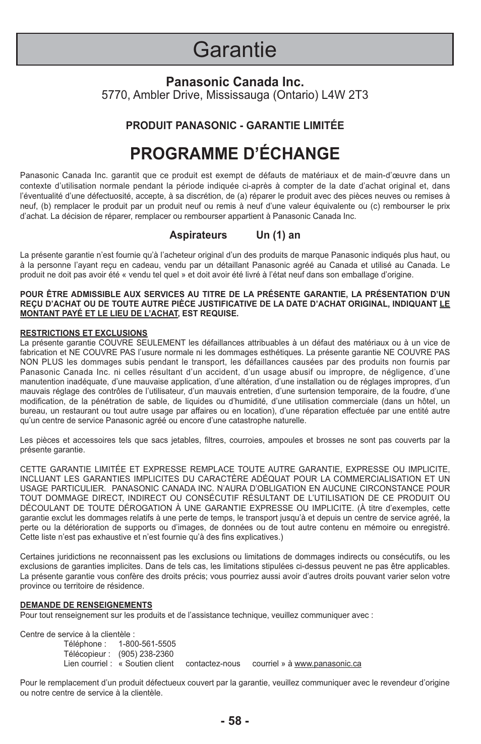 Garantie, Programme d’échange, Panasonic canada inc | Panasonic MC-CG917 User Manual | Page 58 / 64