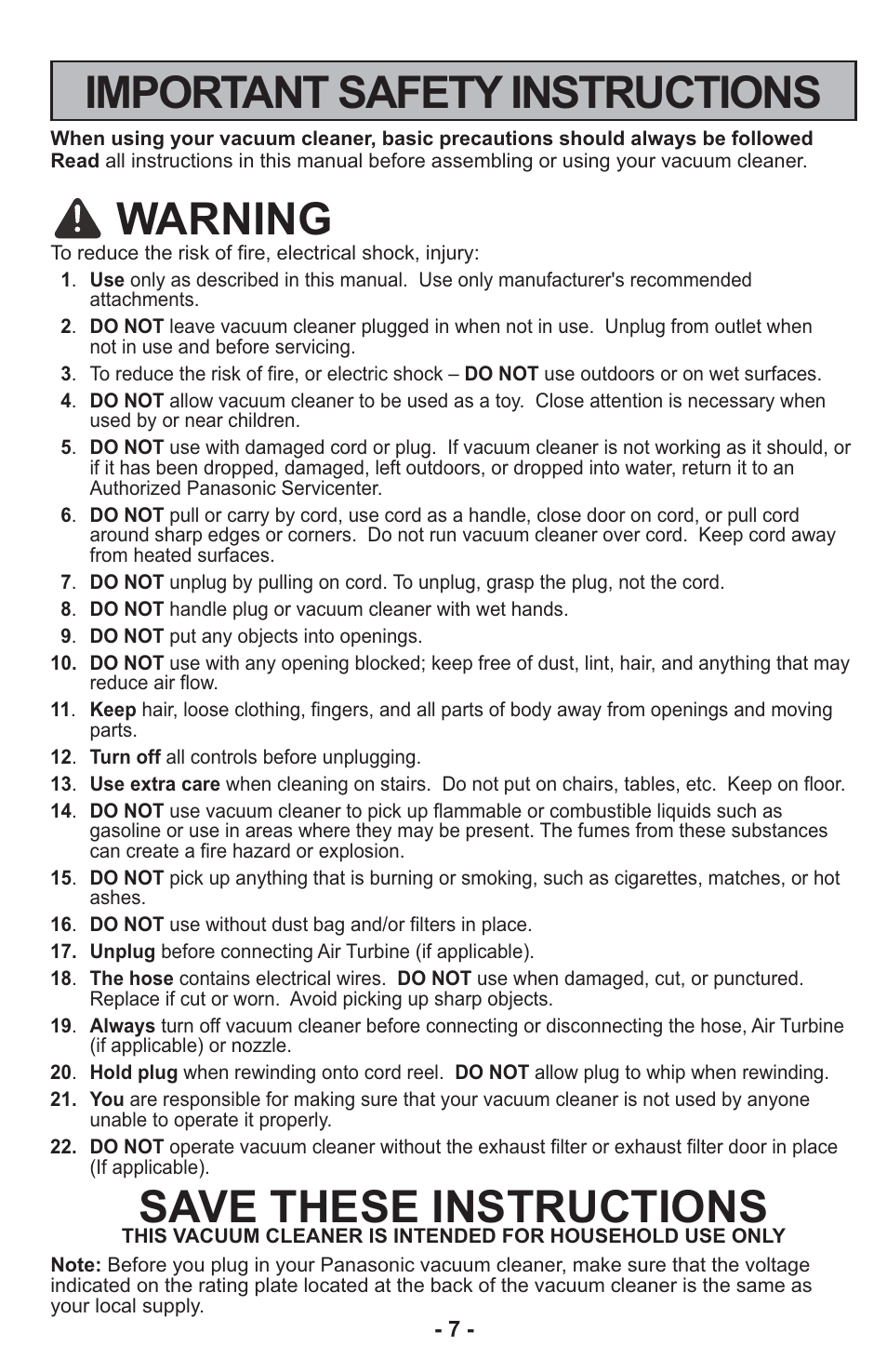 Important safety instructions, Warning, Save these instructions | Panasonic MC-CG917 User Manual | Page 7 / 64