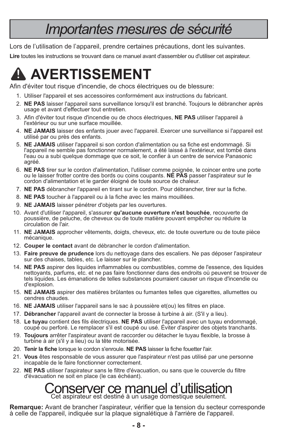 Importantes mesures de sécurité, Avertissement, Conserver ce manuel d’utilisation | Panasonic MC-CG917 User Manual | Page 8 / 64