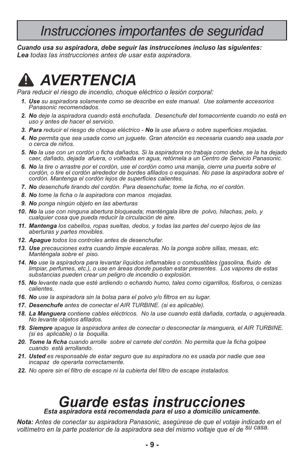 Avertencia, Guarde estas instrucciones, Instrucciones importantes de seguridad | Panasonic MC-CG917 User Manual | Page 9 / 64