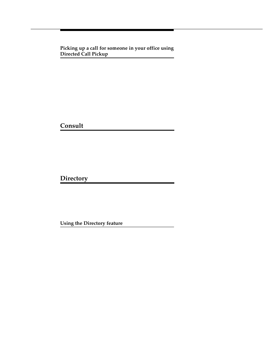 Consult, Directory, Using the directory feature | Picking up a call for someone in your office using, Directed call pickup | Avaya 4624 User Manual | Page 37 / 66