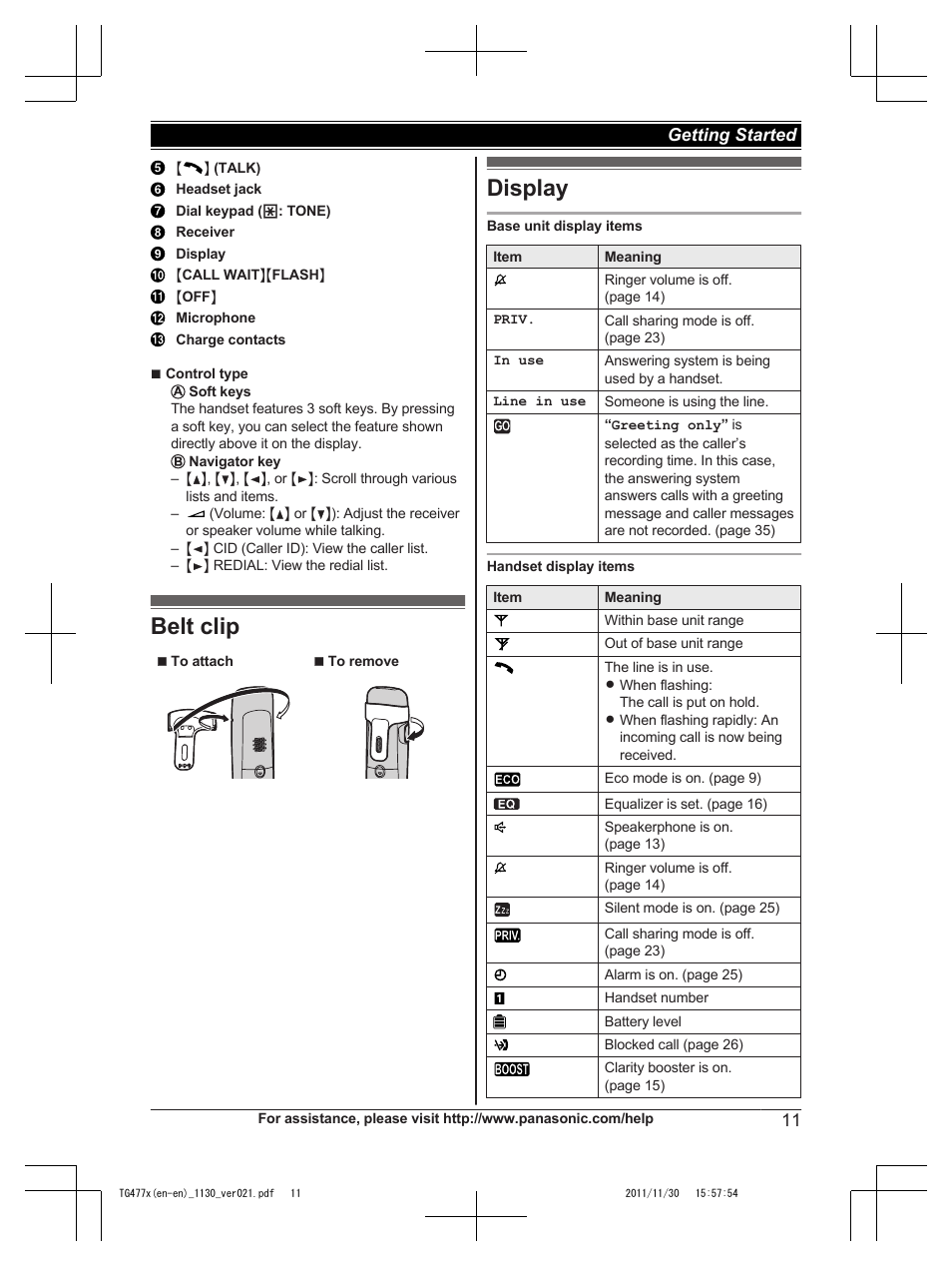 Belt clip, Display, Belt clip display | Panasonic KX-TG242SK User Manual | Page 11 / 56