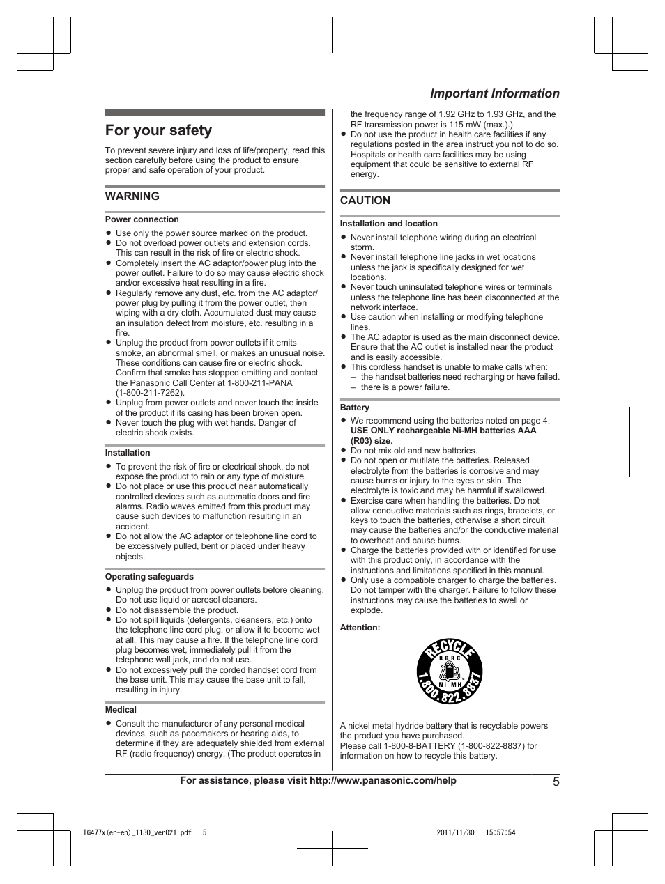 Important information, For your safety, 5important information | Warning, Caution | Panasonic KX-TG242SK User Manual | Page 5 / 56