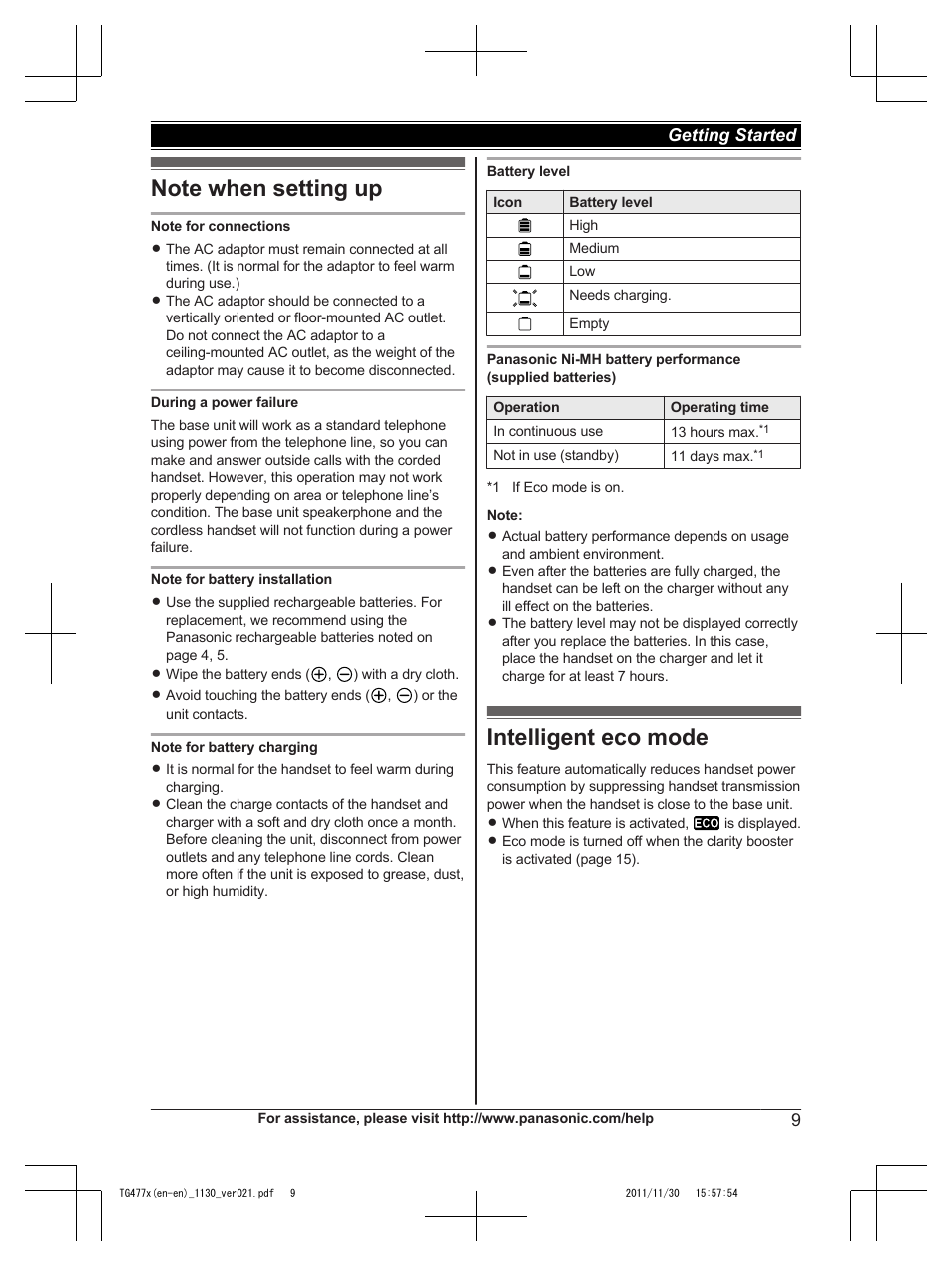 Note when setting up, Intelligent eco mode, Note when setting up intelligent eco mode | Panasonic KX-TG242SK User Manual | Page 9 / 56