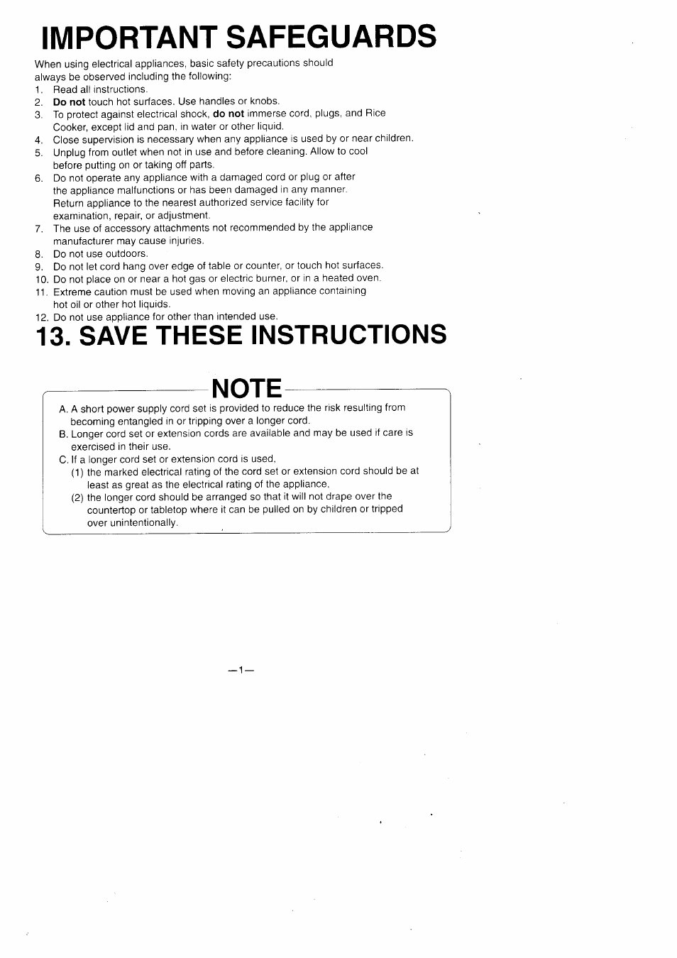 Important safeguards, Save these instructions, Note | Panasonic SR-42FZ User Manual | Page 2 / 16