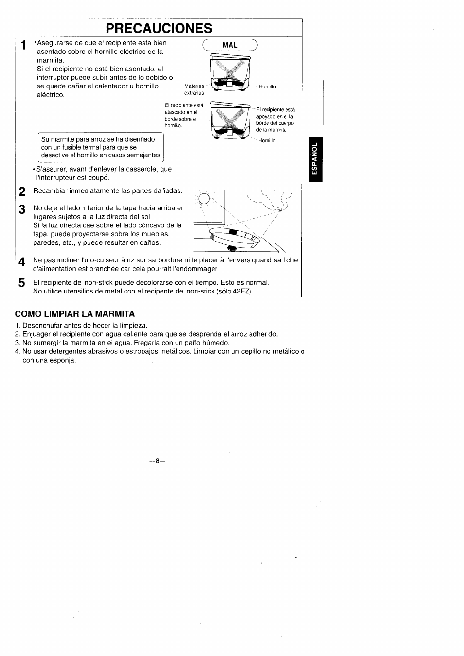 Precauciones, Como limpiar la marmita | Panasonic SR-42FZ User Manual | Page 9 / 16