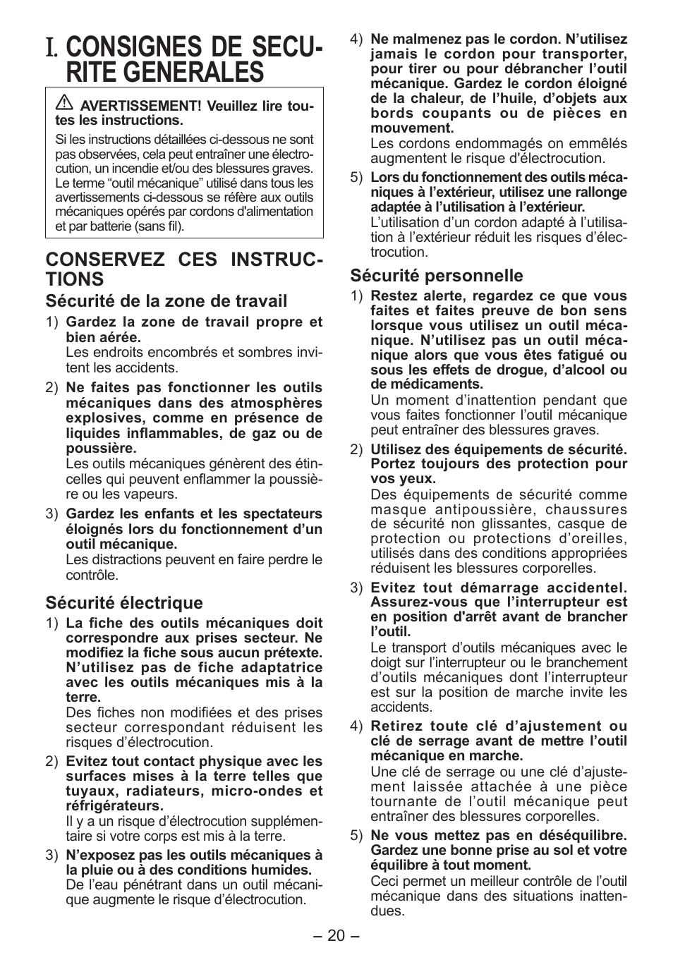 Consignes de secu­ rite generales, Conservez ces instruc­ tions | Panasonic EYFLA6PR User Manual | Page 20 / 56