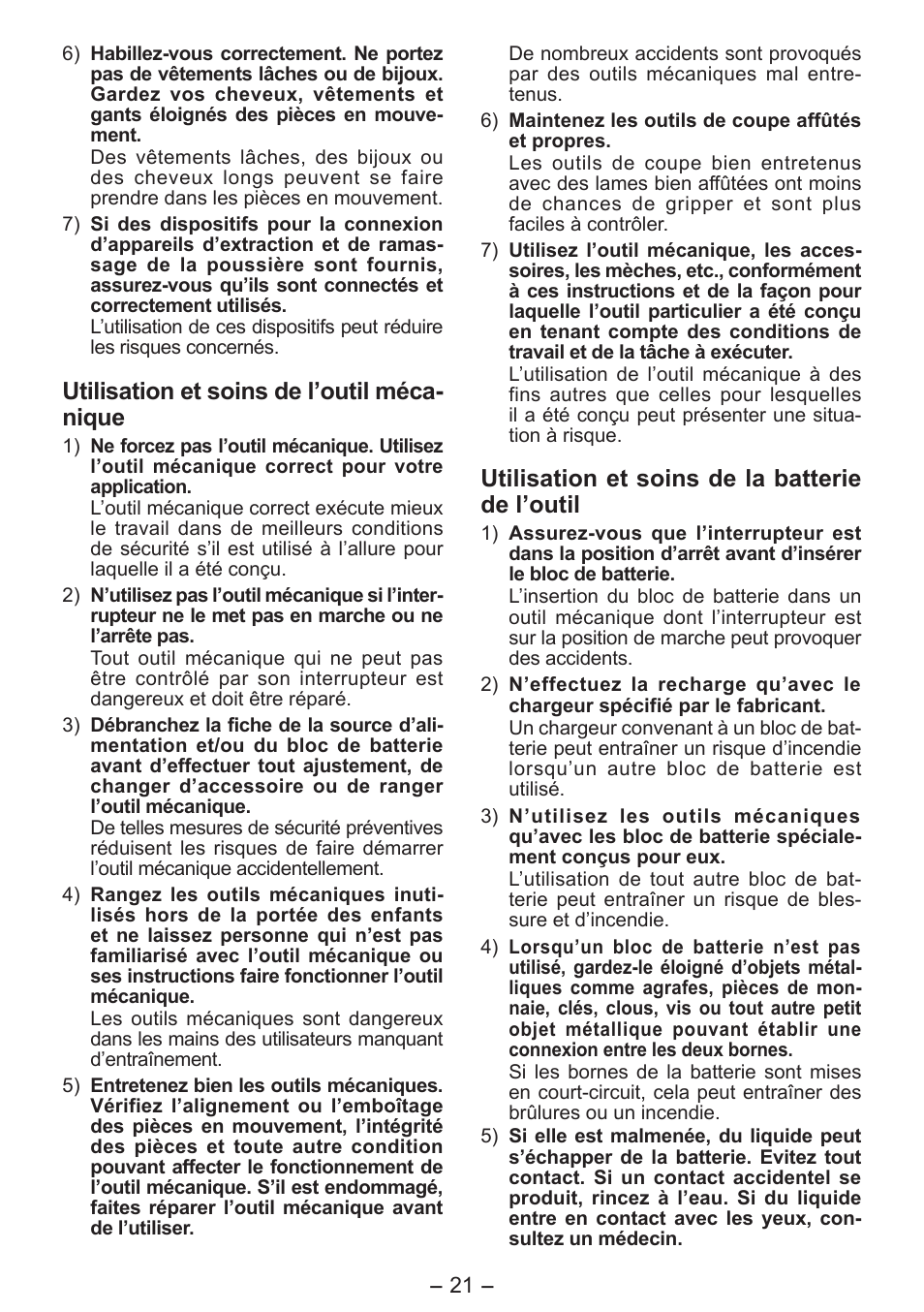 Utilisation et soins de l’outil méca­ nique, Utilisation et soins de la batterie de l’outil | Panasonic EYFLA6PR User Manual | Page 21 / 56