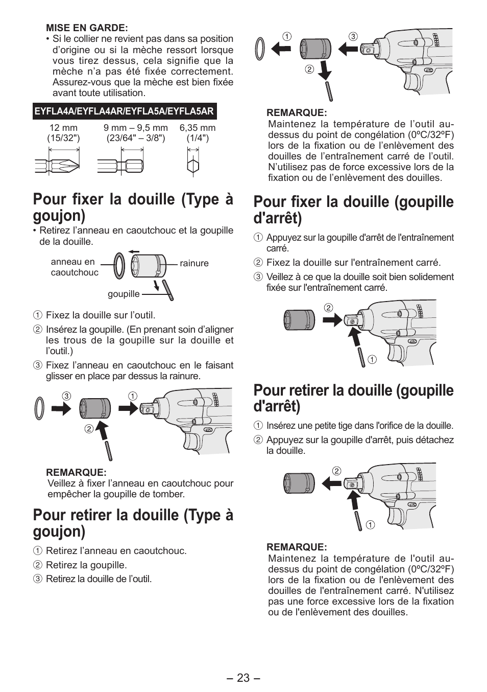 Pour fixer la douille (type à goujon), Pour retirer la douille (type à goujon), Pour fixer la douille (goupille d'arrêt) | Pour retirer la douille (goupille d'arrêt) | Panasonic EYFLA6PR User Manual | Page 23 / 56