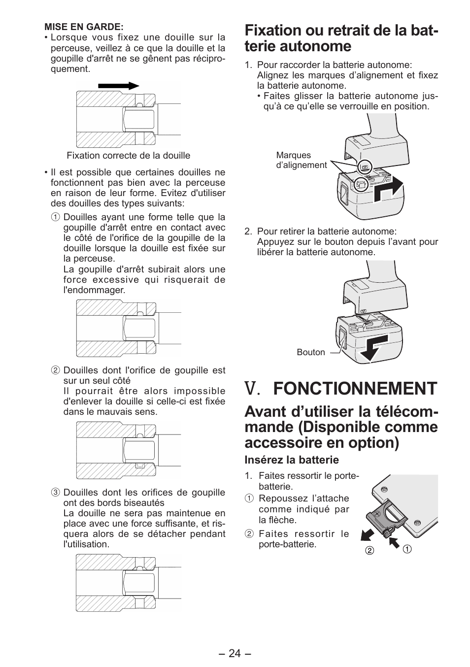 Fonctionnement, Fixation ou retrait de la bat­ terie autonome | Panasonic EYFLA6PR User Manual | Page 24 / 56