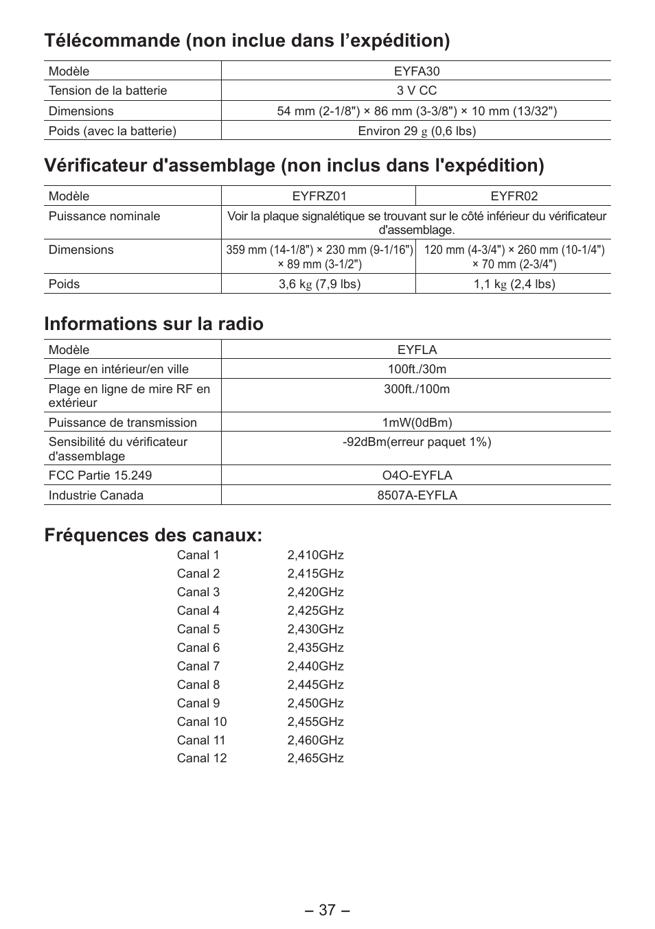 Télécommande (non inclue dans l’expédition), Informations sur la radio, Fréquences des canaux | Panasonic EYFLA6PR User Manual | Page 37 / 56