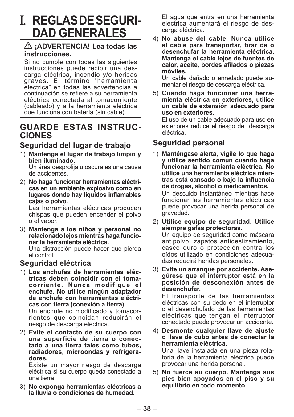 Reglas de seguri­ dad generales, Guarde estas instruc­ ciones | Panasonic EYFLA6PR User Manual | Page 38 / 56