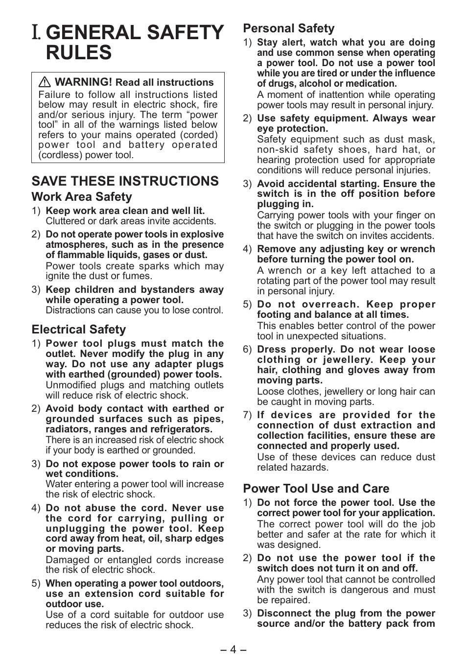 General safety rules, Save these instructions | Panasonic EYFLA6PR User Manual | Page 4 / 56