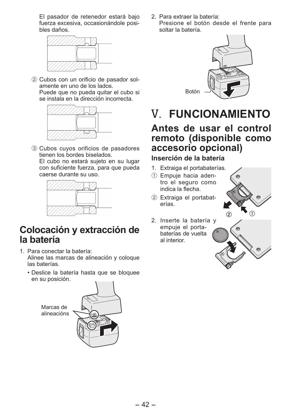 Funcionamiento, Colocación y extracción de la batería | Panasonic EYFLA6PR User Manual | Page 42 / 56