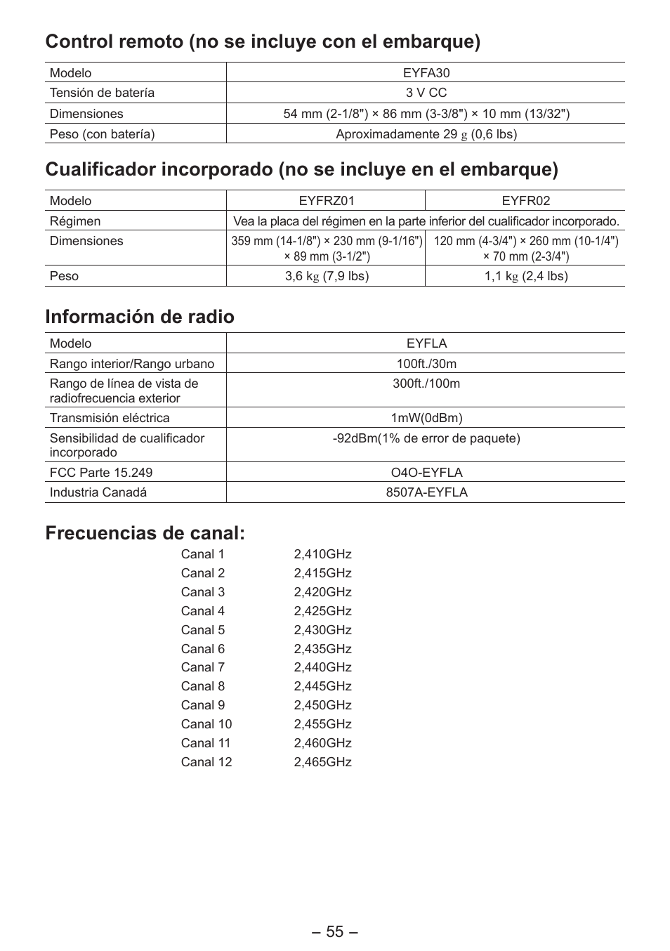 Control remoto (no se incluye con el embarque), Información de radio, Frecuencias de canal | Panasonic EYFLA6PR User Manual | Page 55 / 56