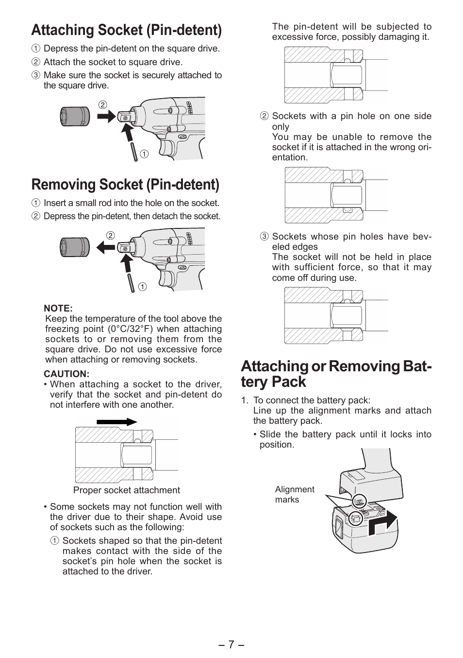 Attaching socket (pin­detent), Removing socket (pin­detent), Attaching or removing bat­ tery pack | Panasonic EYFLA6PR User Manual | Page 7 / 56