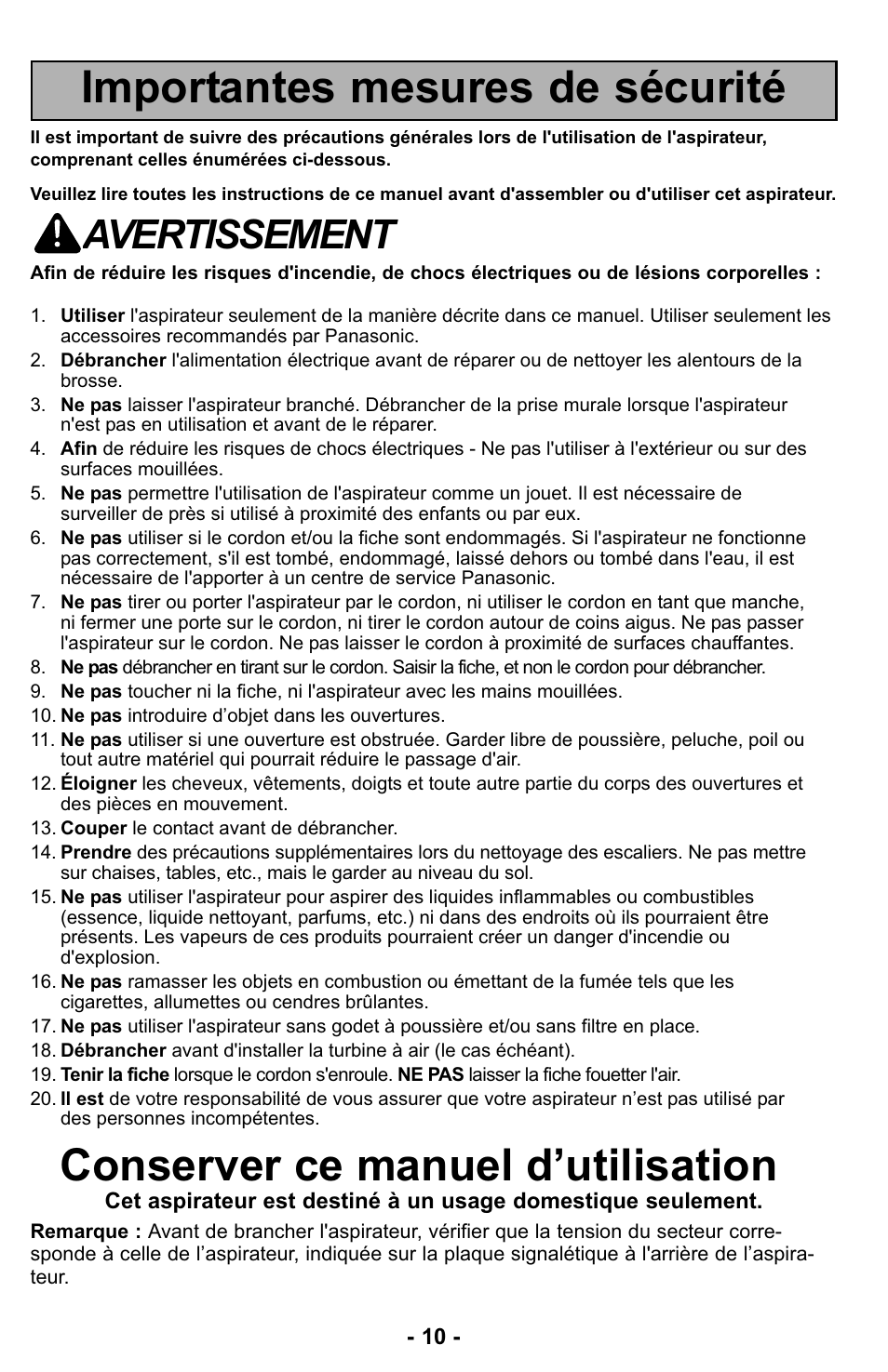 Importantes mesures de sécurité, Conserver ce manuel d’utilisation, Avertissement | Panasonic MC-UL427 User Manual | Page 10 / 64