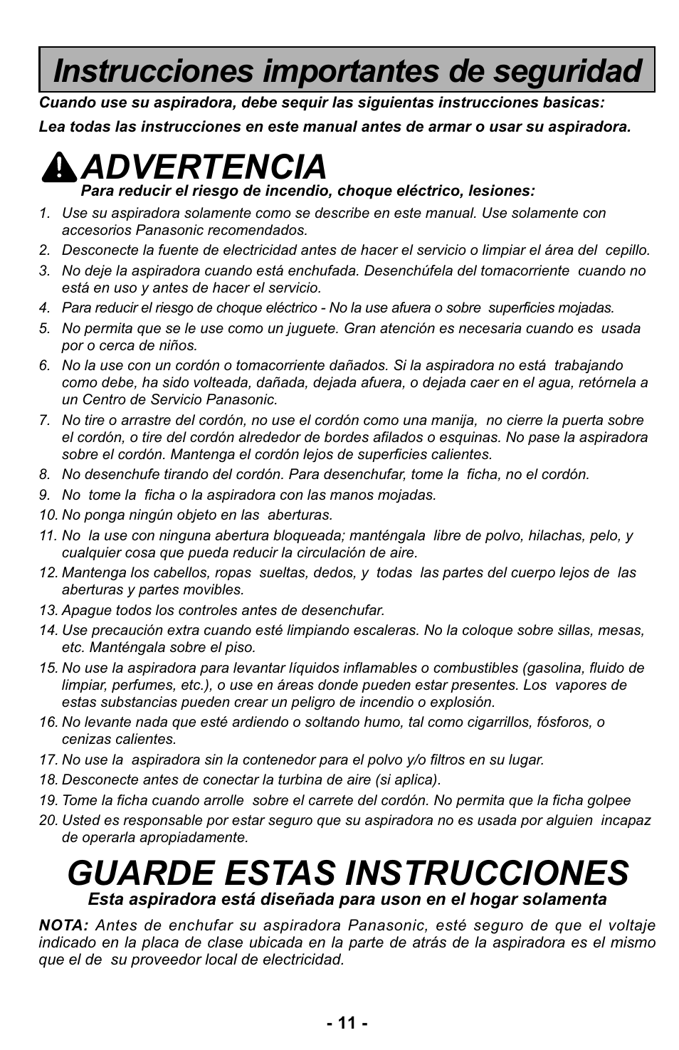 Instrucciones importantes de seguridad, Advertencia, Guarde estas instrucciones | Panasonic MC-UL427 User Manual | Page 11 / 64