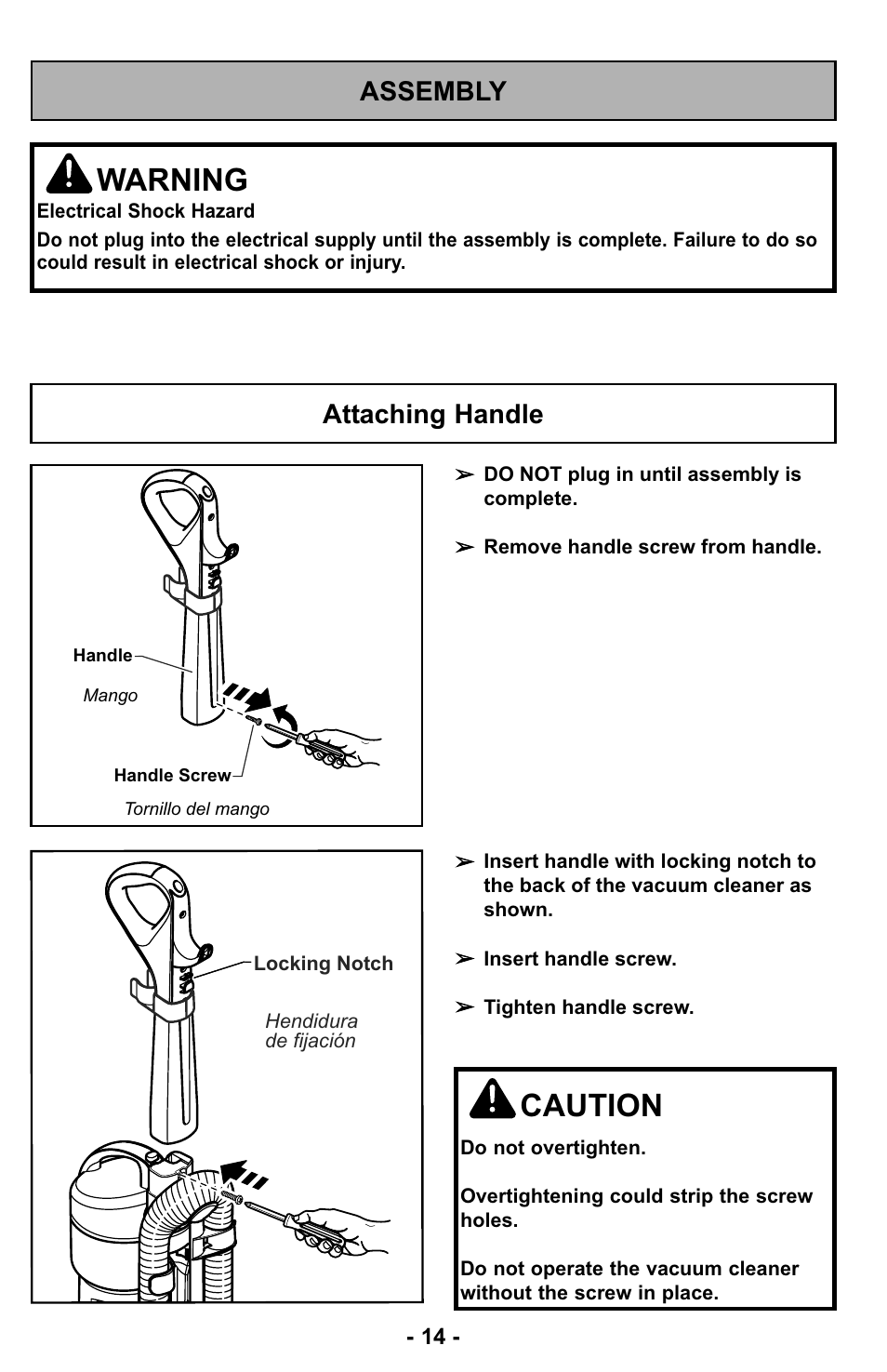 Assembly, Attaching handle, Warning | Caution | Panasonic MC-UL427 User Manual | Page 14 / 64