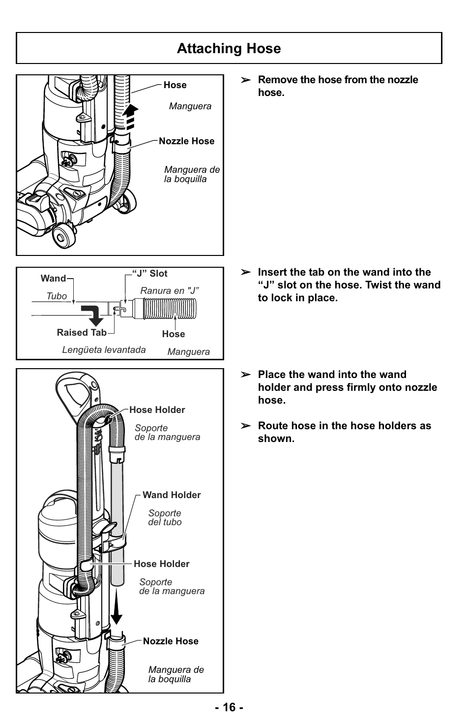Attaching hose | Panasonic MC-UL427 User Manual | Page 16 / 64