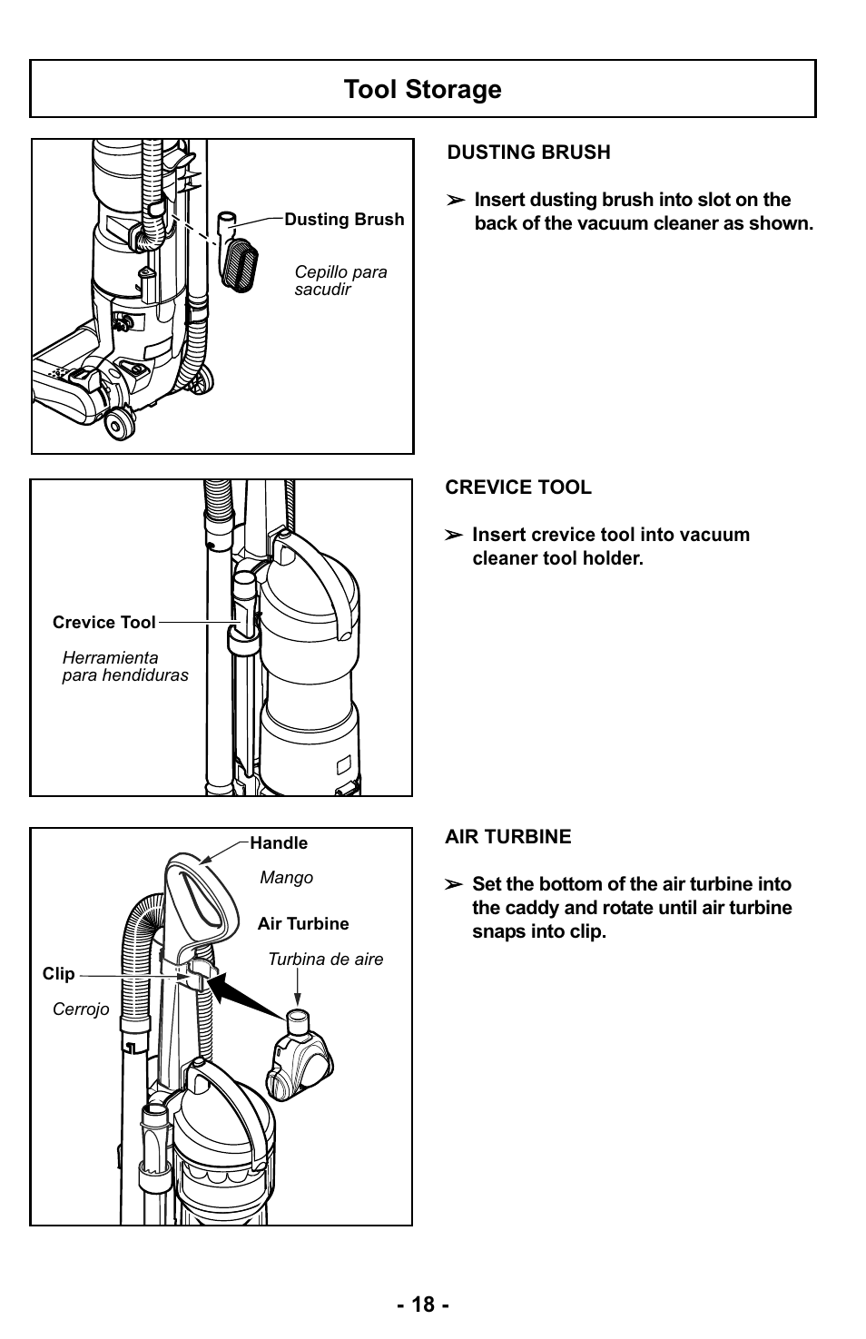Tool storage | Panasonic MC-UL427 User Manual | Page 18 / 64