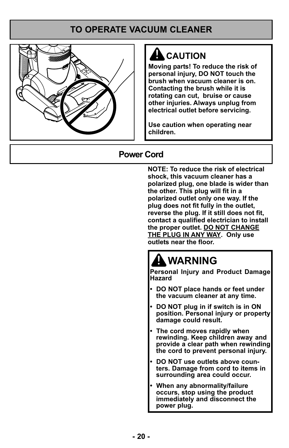 To operate vacuum cleaner, Power cord, Warning | Panasonic MC-UL427 User Manual | Page 20 / 64