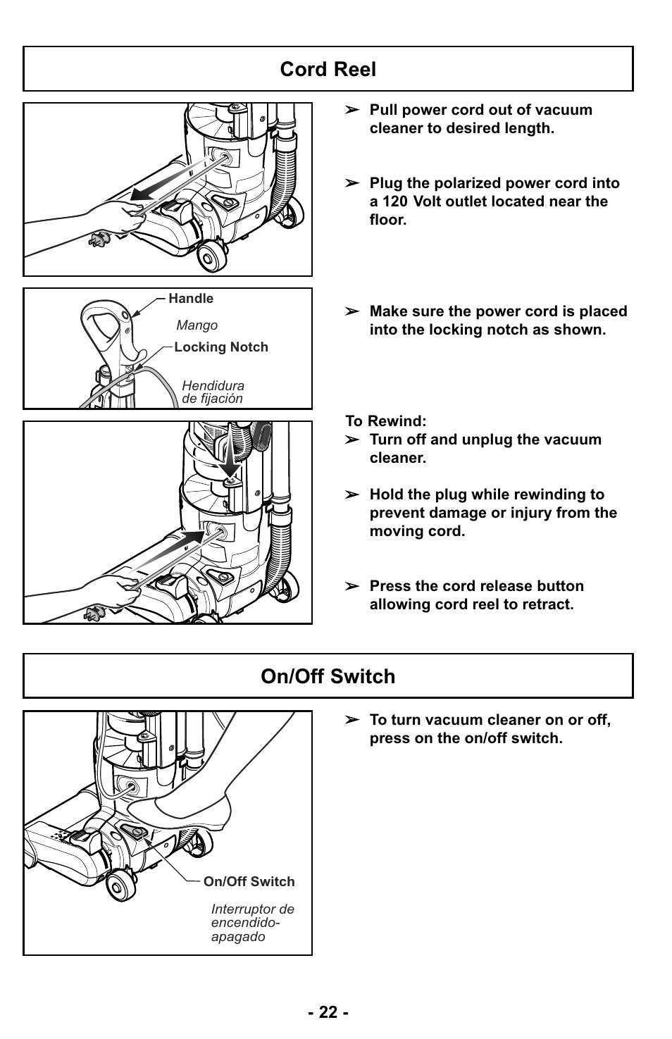 Cord reel, On/off switch | Panasonic MC-UL427 User Manual | Page 22 / 64