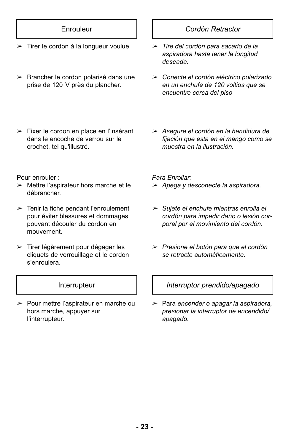 Enrouleur, Interrupteur, Cordón retractor | Interruptor prendido/apagado | Panasonic MC-UL427 User Manual | Page 23 / 64