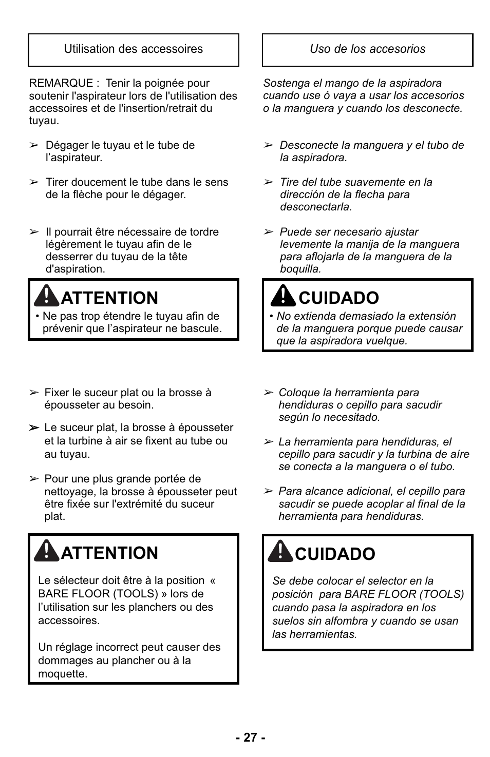 Utilisation des accessoires, Uso de los accesorios, Attention | Cuidado | Panasonic MC-UL427 User Manual | Page 27 / 64