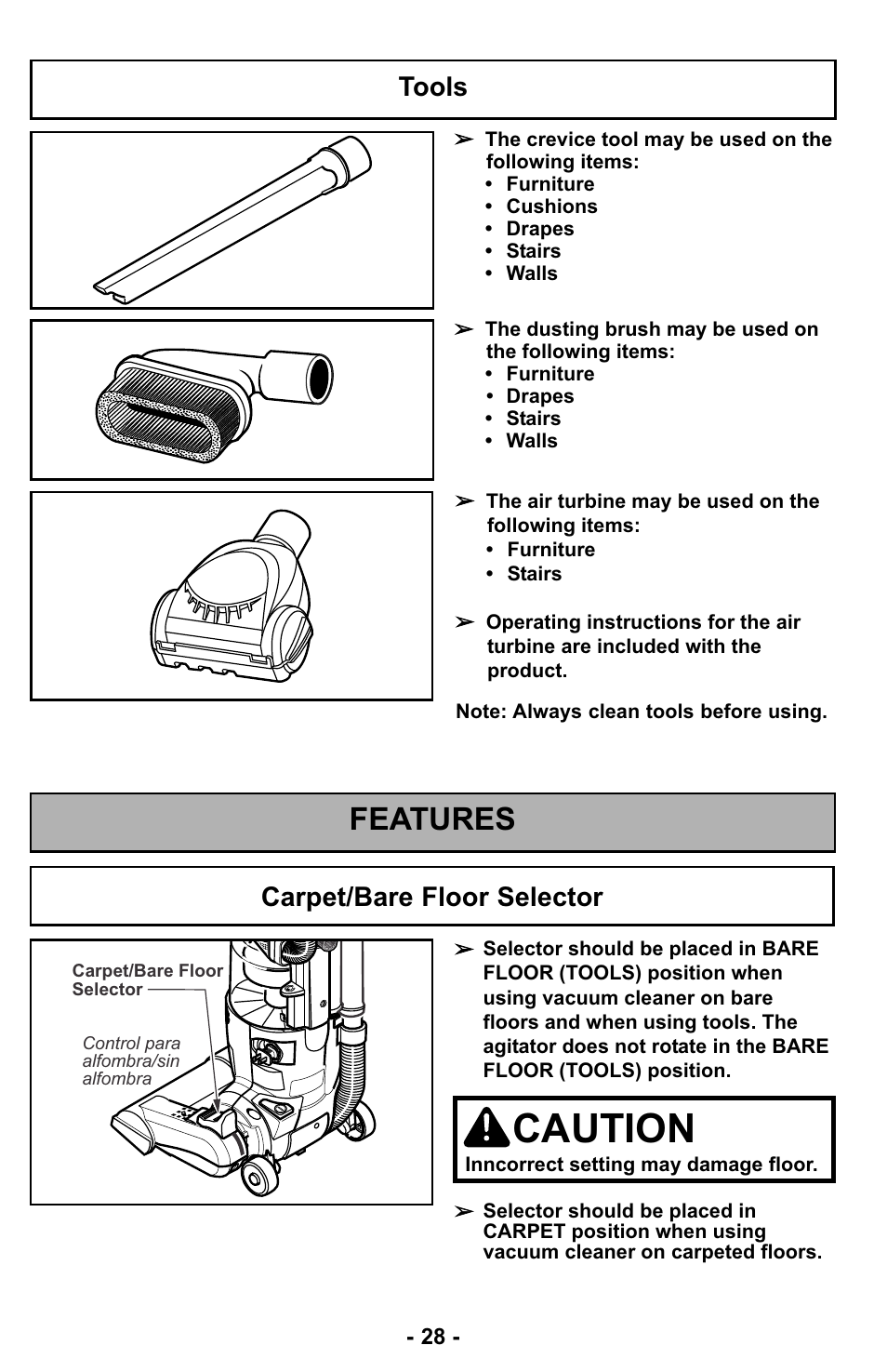 Tools, Features, Carpet/bare floor selector | Caution | Panasonic MC-UL427 User Manual | Page 28 / 64