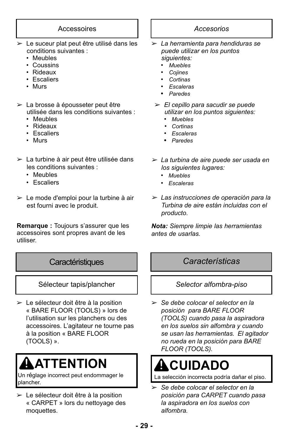 Accessoires, Caractéristiques, Sélecteur tapis/plancher | Accesorios, Características, Selector alfombra/piso, Attention, Cuidado, Características caractéristiques | Panasonic MC-UL427 User Manual | Page 29 / 64