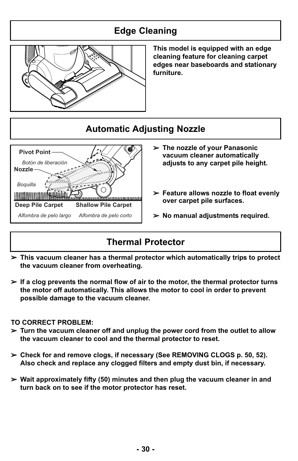 Edge cleaning, Automatic adjusting nozzle, Thermal protector | Thermal protector automatic adjusting nozzle | Panasonic MC-UL427 User Manual | Page 30 / 64