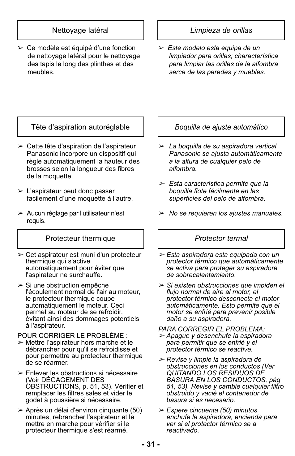 Nettoyage latéral, Tête d’aspiration autoréglable, Protecteur thermique | Limpieza de orillas, Boquilla de ajuste automático, Protector termal | Panasonic MC-UL427 User Manual | Page 31 / 64