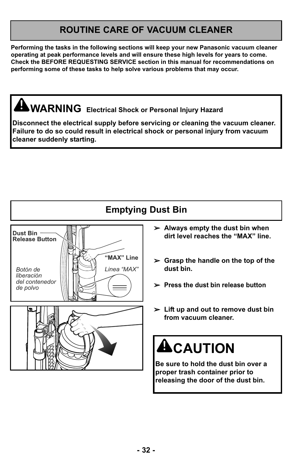 Routine care of vacuum cleaner, Emptying dust bin, Caution | Warning | Panasonic MC-UL427 User Manual | Page 32 / 64