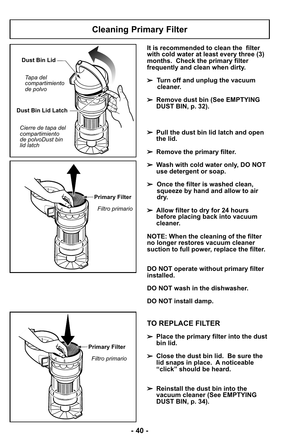 Cleaning primary filter | Panasonic MC-UL427 User Manual | Page 40 / 64