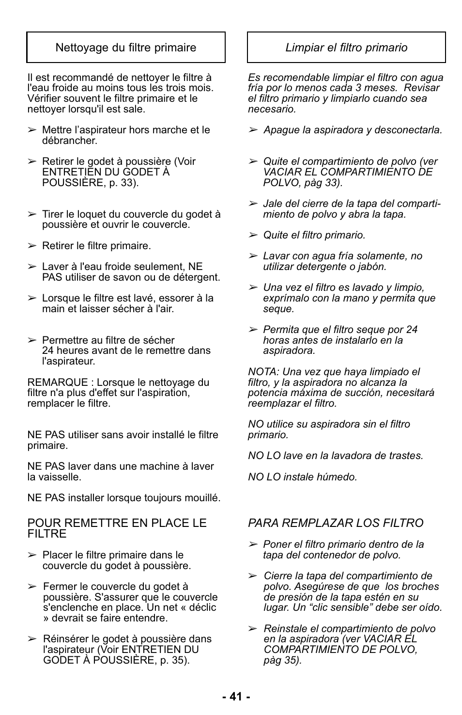 Nettoyage du filtre primaire, Limpieza del filtro primario | Panasonic MC-UL427 User Manual | Page 41 / 64
