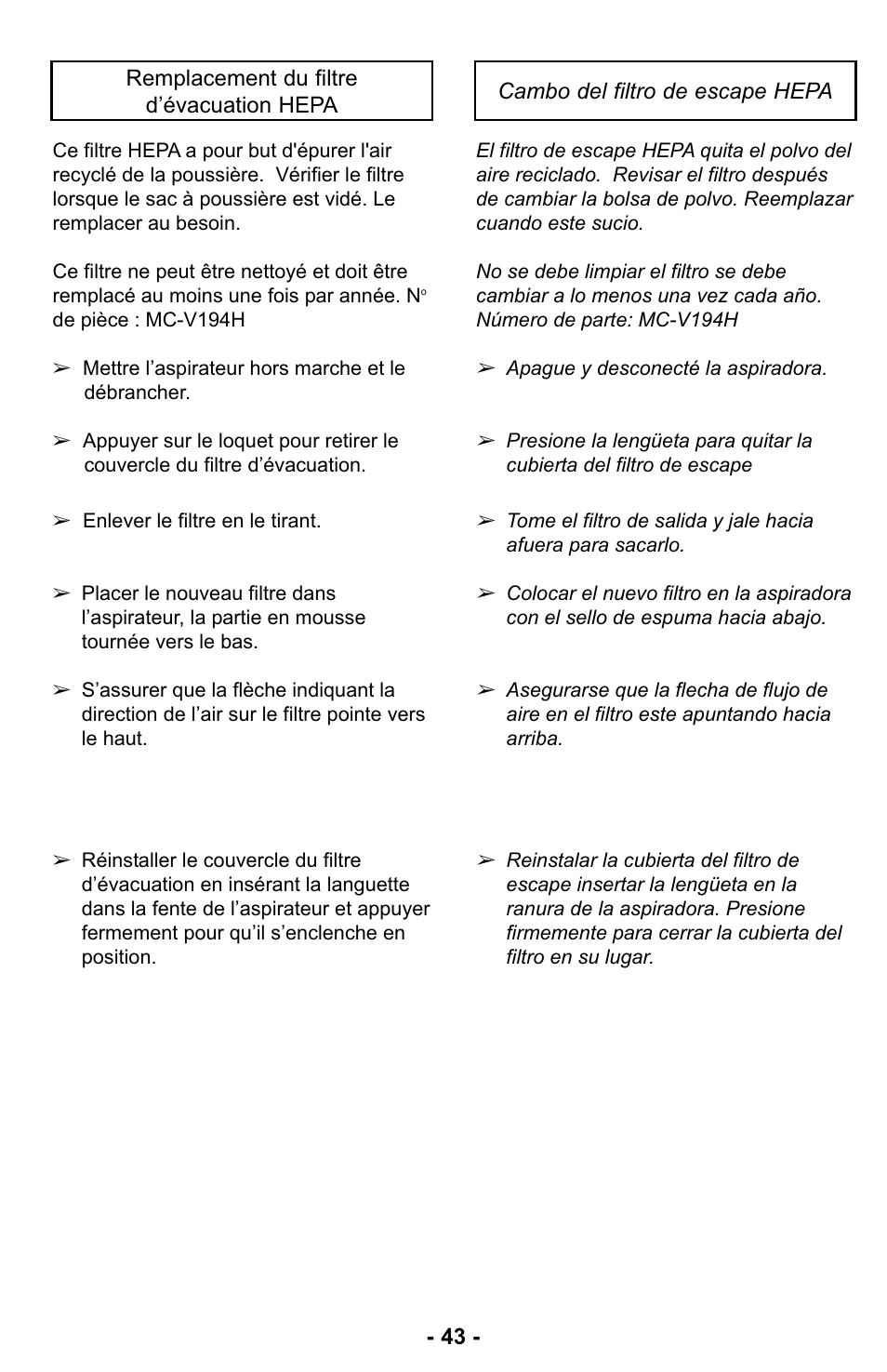 Remplacement du filtre d’évacuation hepa, Cambio del filtro de escape hepa | Panasonic MC-UL427 User Manual | Page 43 / 64
