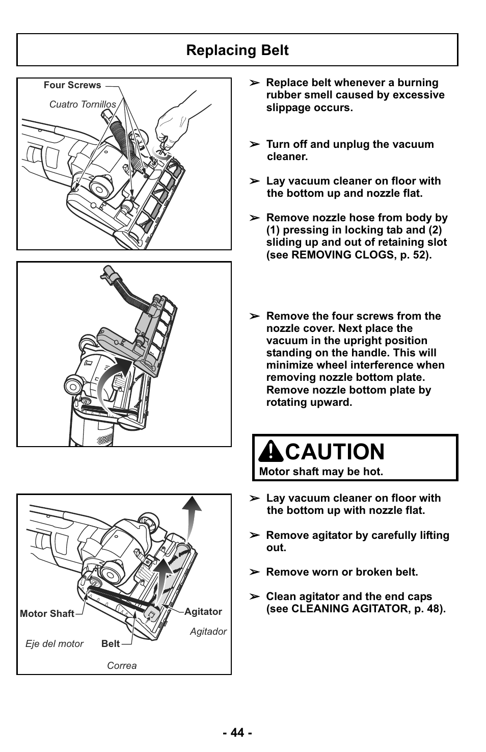 Replacing belt, Caution | Panasonic MC-UL427 User Manual | Page 44 / 64